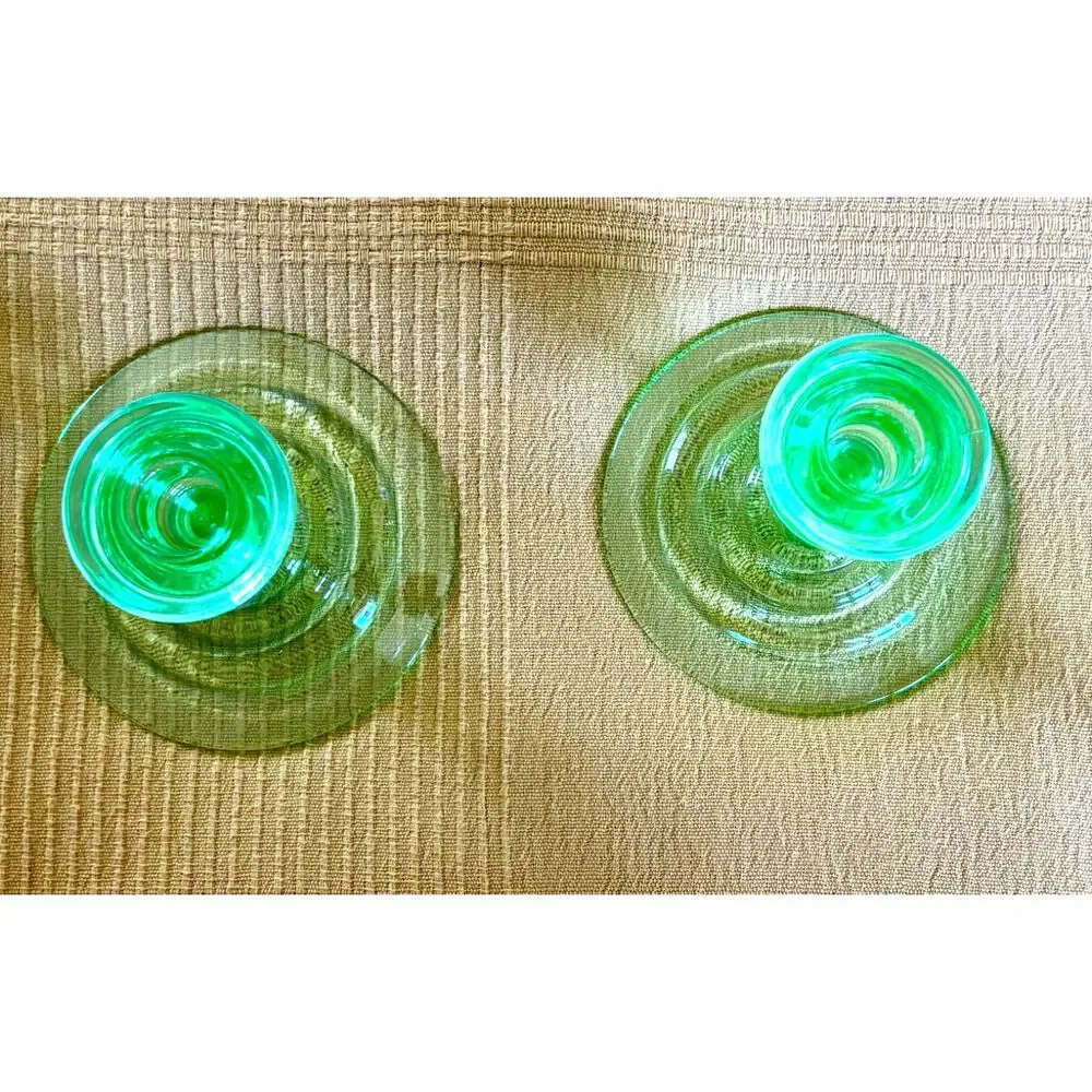 Pair Vintage Uranium Glass Candlesticks UV Reactive Green Candle Holders